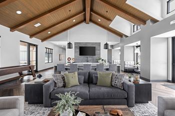 A living room with a gray couch and a tv